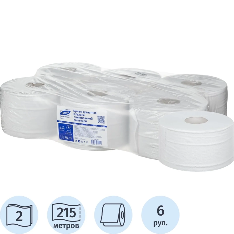 Бумага туалетная д/дисп Luscan Professional с ЦВ 2сл бел втор 215м 6рул/уп
