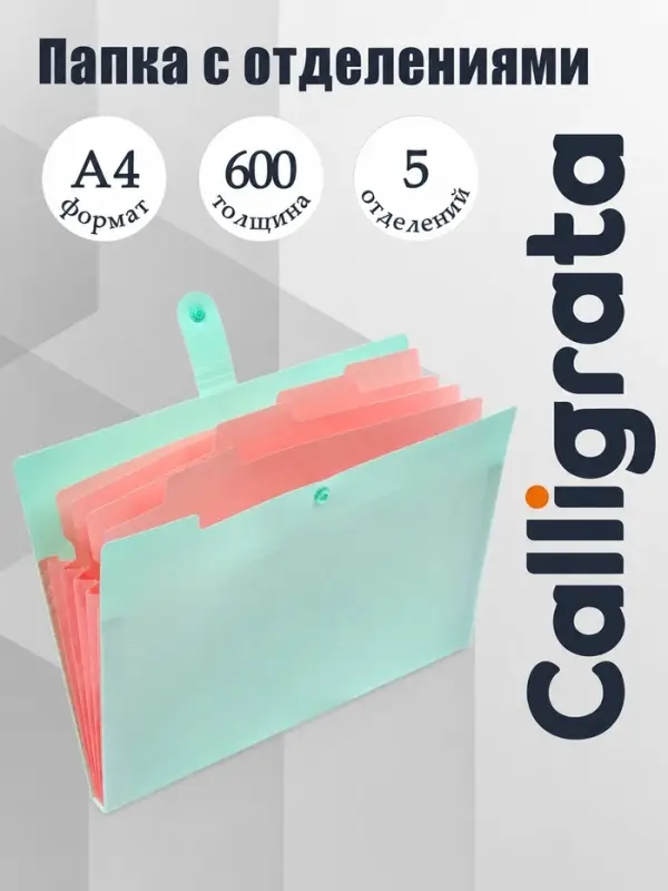 Папка А4, 5 отделений, Calligrata, 600 мкм, на кнопке, зеленая, матовая