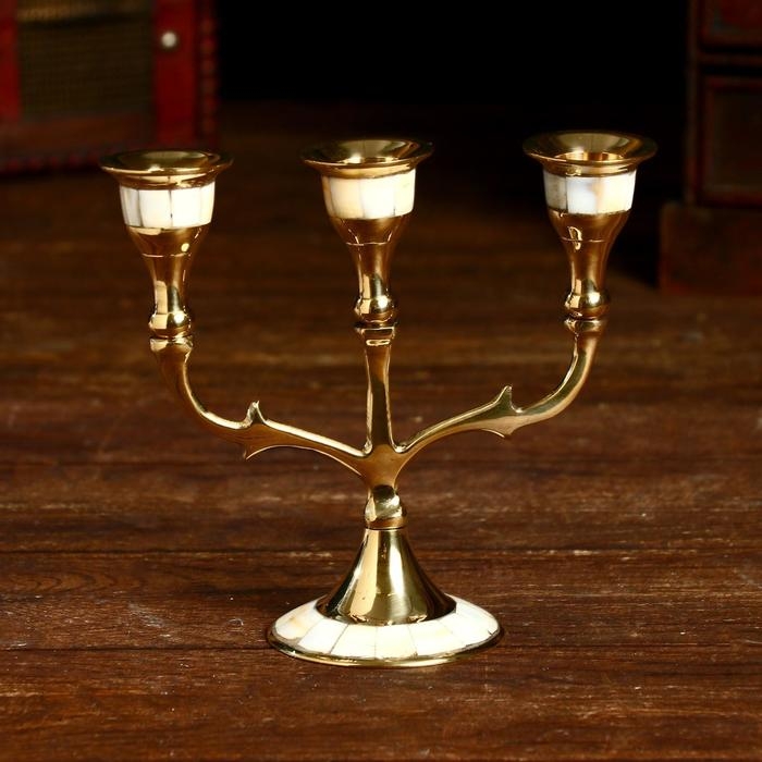 Подсвечник "Паджеро" на 3 свечи, латунь, перламутр 13,5х6,5х15,5 см