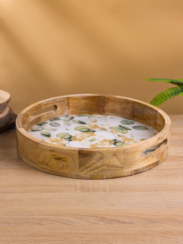 Поднос круглый с бортиками Поднос круглый с бортиками "Листья" дерево манго 35х35х6,5 см