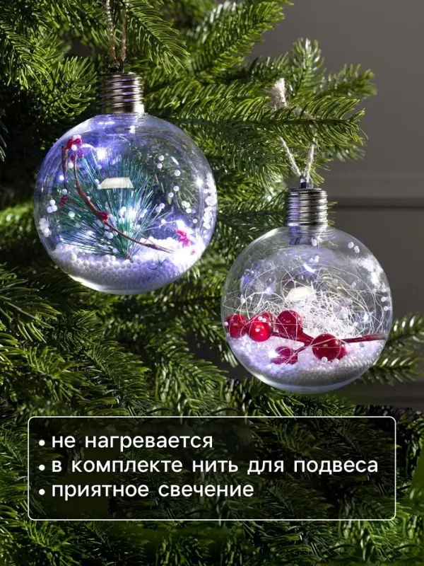 Набор ёлочных шаров &laquo;Веточки и шишки&raquo;, 2 шт., d=10 см, 5 LED, от батареек, свечение белое