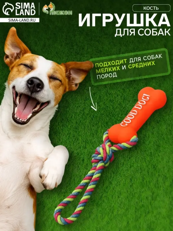 Игрушка для собак &laquo;Кость&raquo;, 14 см, резиновая, с ручкой из каната, до 37 см, цвет МИКС