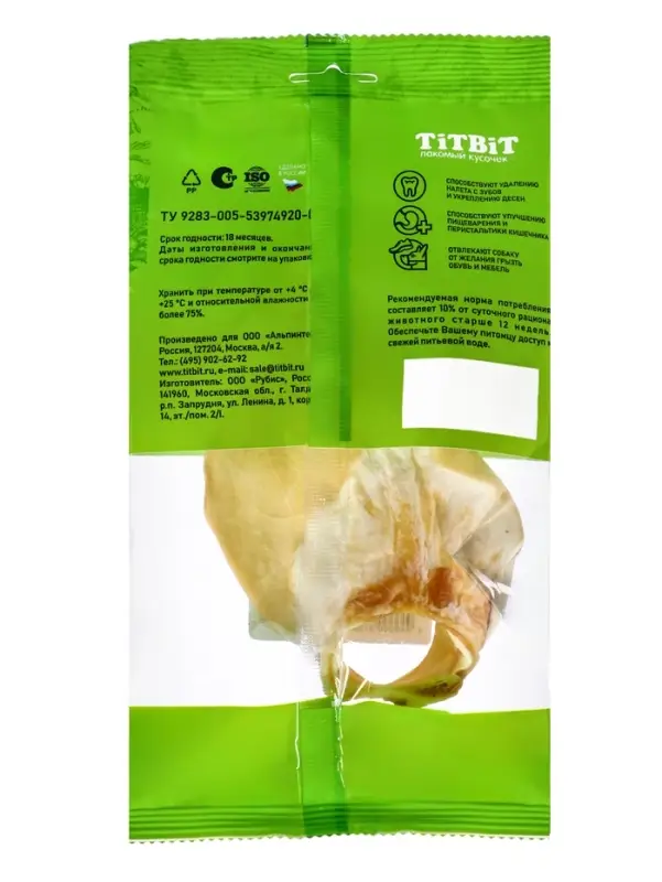 Лакомство TitBit для собак, ухо телячье большое, мягкая упаковка, 27 г
