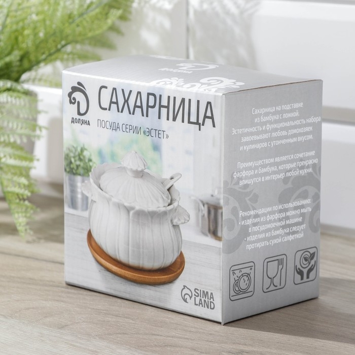 Сахарница фарфоровая с ложкой на деревянной подставке Доляна «Тюльпан», 350 мл, цвет белый