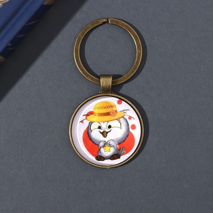 Брелок стекло, металл  Брелок стекло, металл "Круг. Совушка в шляпке" d=3 см