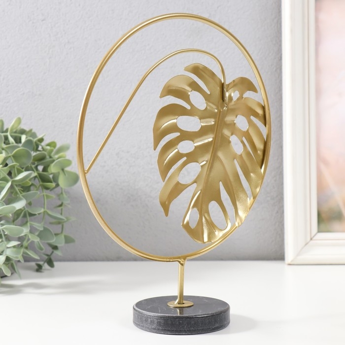 Сувенир металл, мрамор  Сувенир металл, мрамор "Круг с листом монстеры" золото, черный 20х7,5х25 см