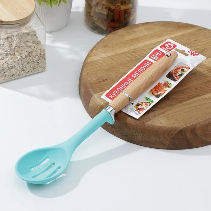 Ложка кулинарная с прорезями Доляна «Лагуна», 29 см, цвет голубой Ложка кулинарная с прорезями Доляна «Лагуна», 29 см, цвет голубой