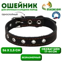 Ошейник однослойный, безразмерный, 56&times;2.5 см, ОШ 17-44 см, кожа, чёрный