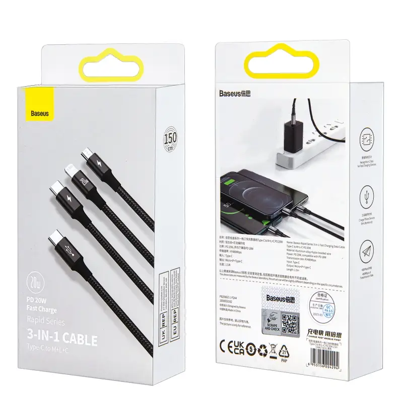 Кабель 3 в 1 Micro + Lightning + Type-C 3A 20W Rapid Series Baseus черный CAMLT-SC01 Кабель 3 в 1 Micro + Lightning + Type-C 3A 20W Rapid Series Baseus черный CAMLT-SC01