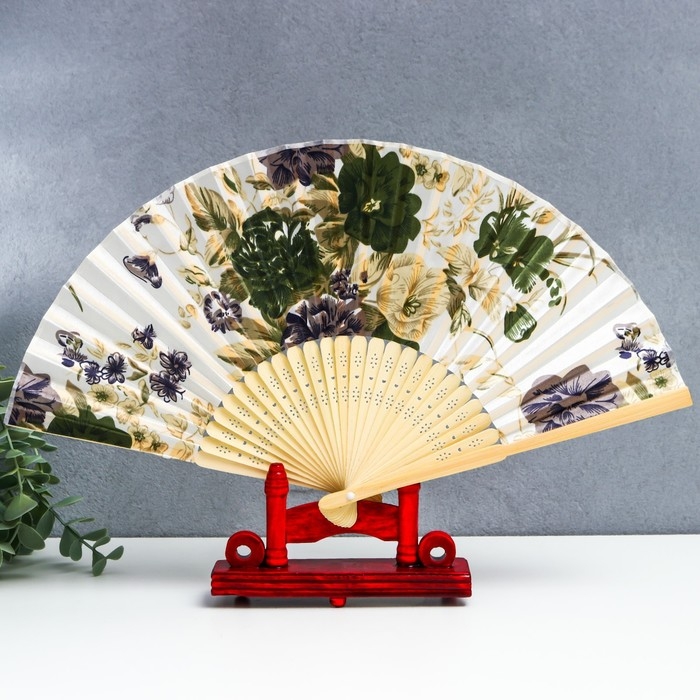 Веер бамбук, текстиль h=21 см  Веер бамбук, текстиль h=21 см "Цветы" с чехлом, бежевый