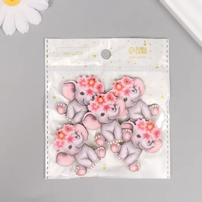 Декор для творчества дерево Декор для творчества дерево "Слонёнок с цветным венком" 4,1х3,5х0,3 см