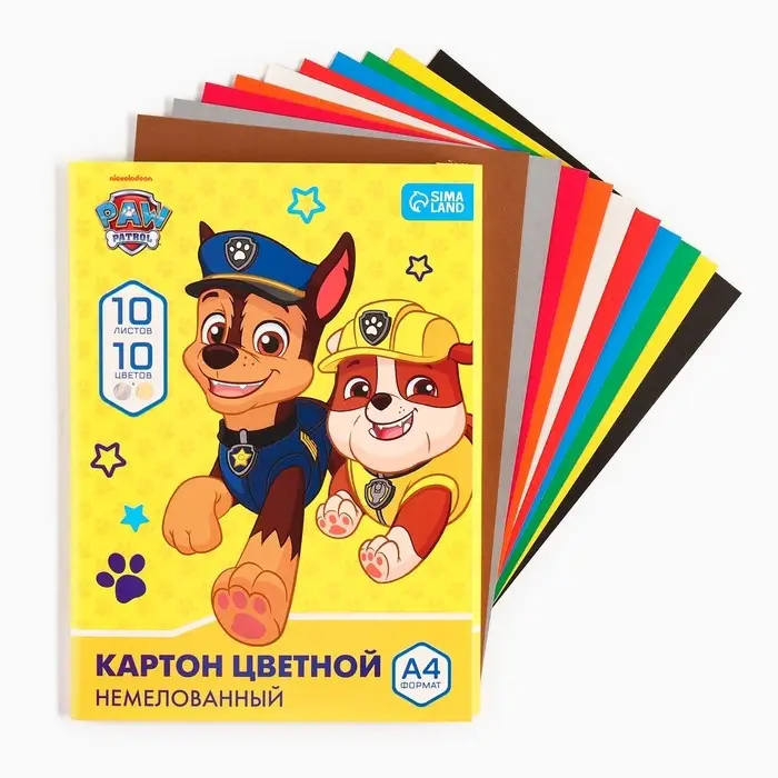 Цветной картон, А4, 10 листов, 10 цветов, немелованный, односторонний, в папке, 220 г/м&sup2;, &laquo;Щенячий патруль&raquo;