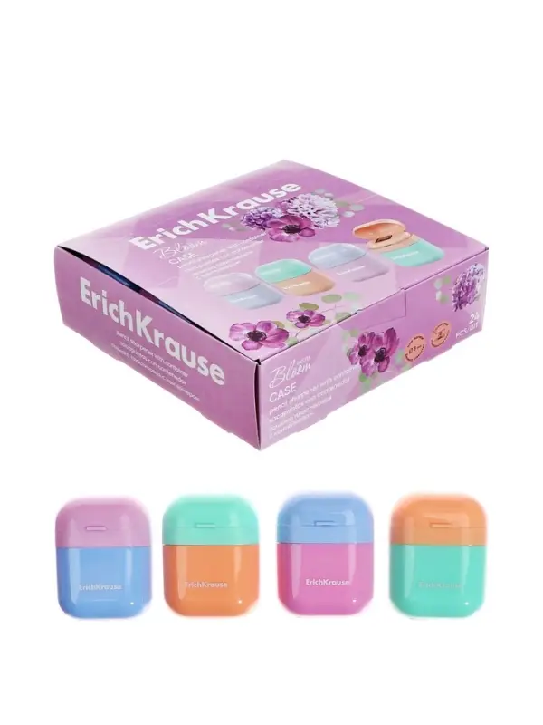 Точилка 1 отверстие с контейнером ErichKrause Case, Pastel Bloom, пластик, в дисплеи, микс