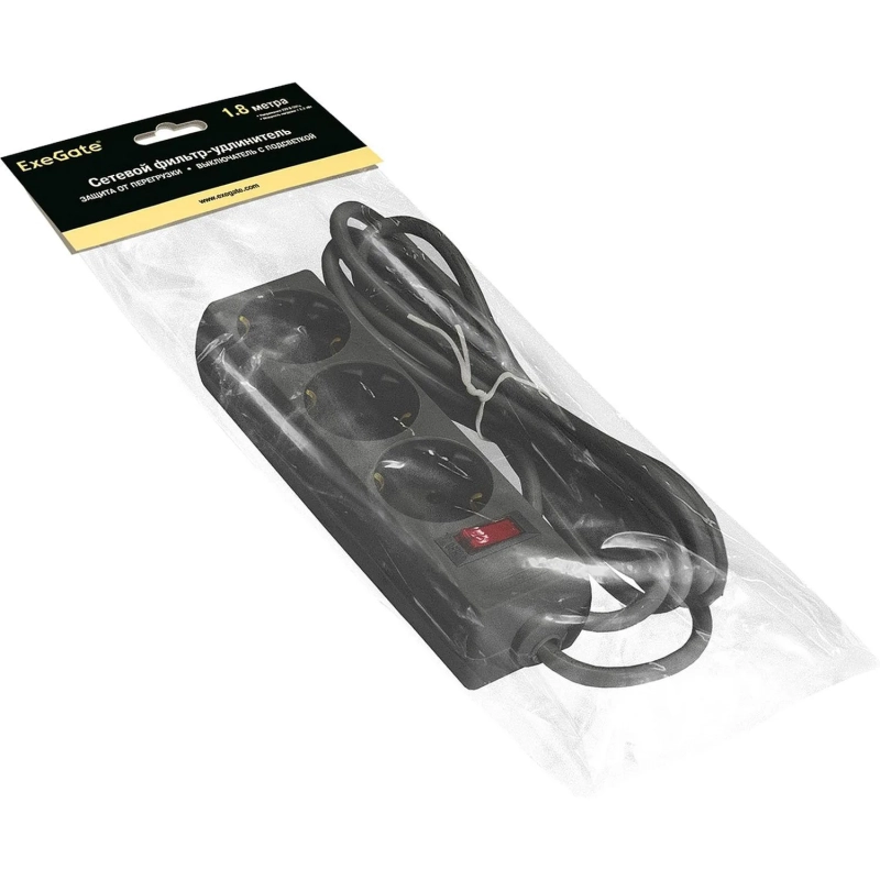 Сетевой фильтр ExeGate SP-3-1.8B 3р/1.8м, 10А/2,2кВт, черный(EX221176RUS)