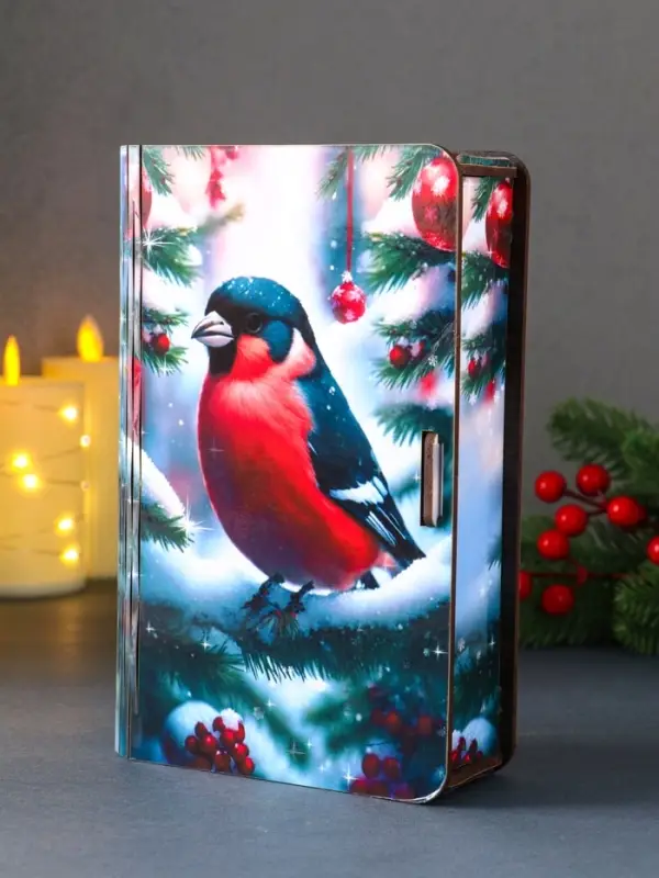 Книга-шкатулка новогодняя №2 "Снегирь на елке ". 19х13х5 см