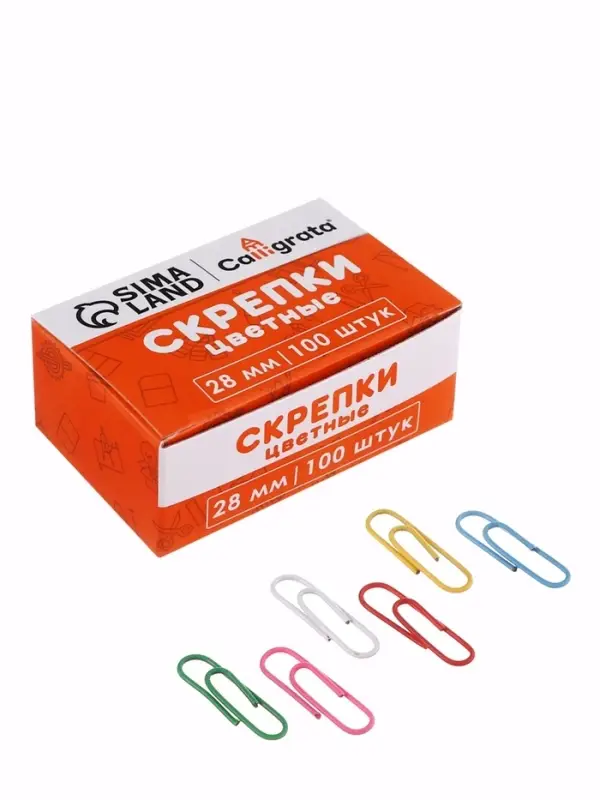 Скрепки 28 мм цветные в картонной коробке 100 штук