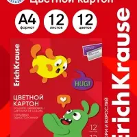 Картон цветной А4 ErichKrause Jolly Friends, 12 листов, 12 цветов, с металлизацией, пластиковая папка