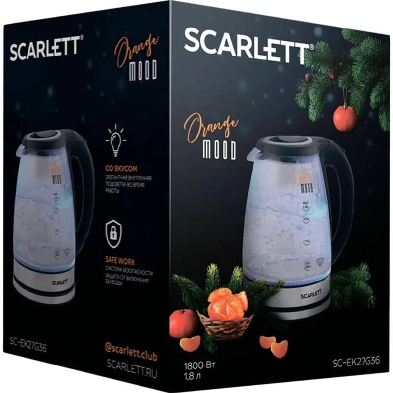 Чайник SCARLETT SC-EK27G36,электрический, стекло, 1800Вт, 1.8л, черный