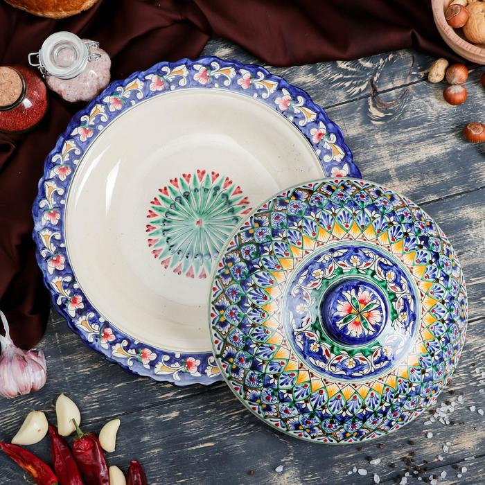 Блинница Риштанская Керамика  Блинница Риштанская Керамика "Цветы", 32 см, синий