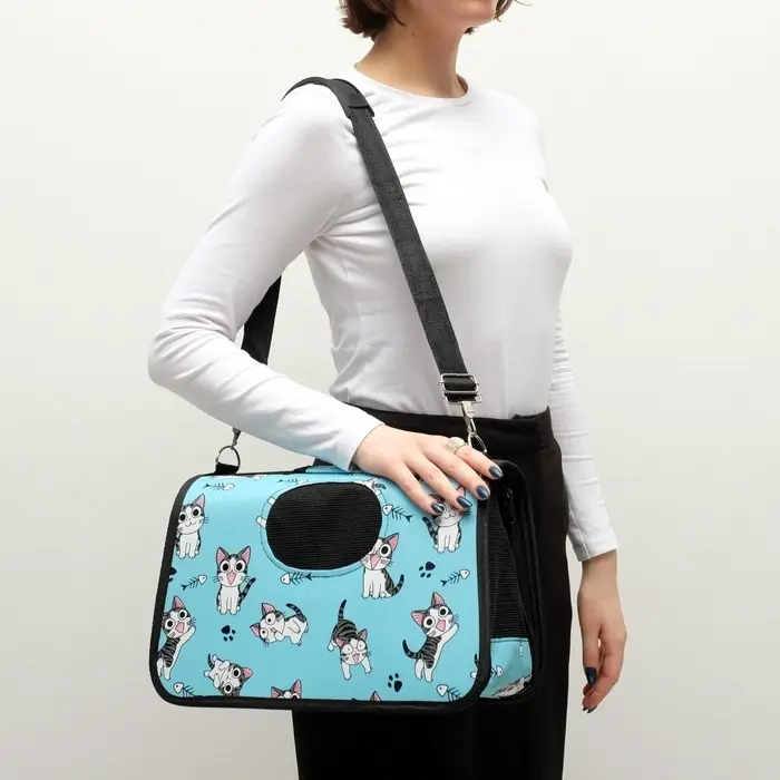 Сумка - переноска каркасная &laquo;Играющие котики&raquo;, размер S, 37.5&times;17&times;22 см, голубая