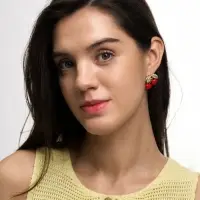 Серьги со стразами &laquo;Вишня&raquo;, бело-красные в золоте