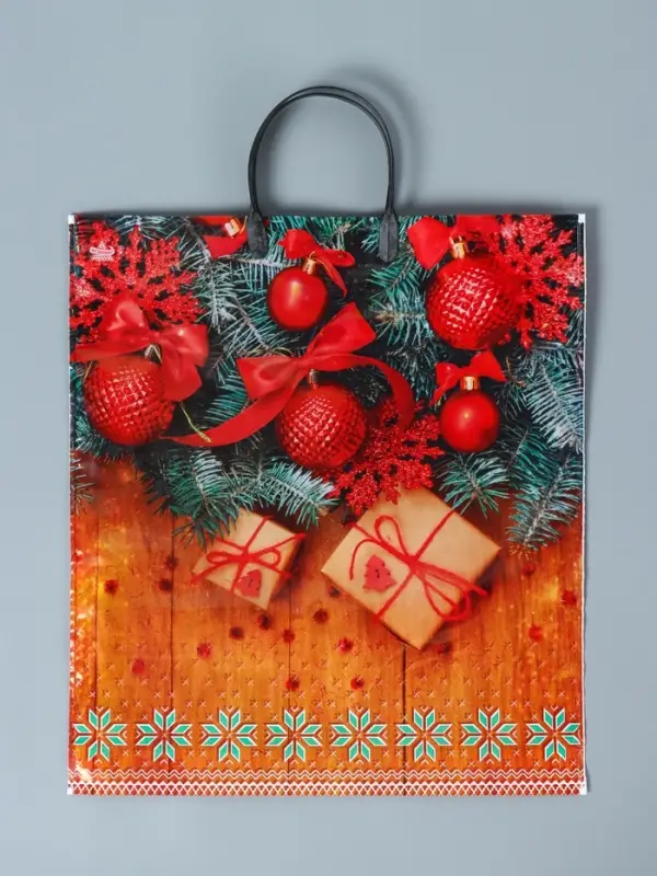 Пакет новогодний &laquo;Шарики на деревянном&raquo;, полиэтиленовый с пластиковой ручкой, 44&times;40 см