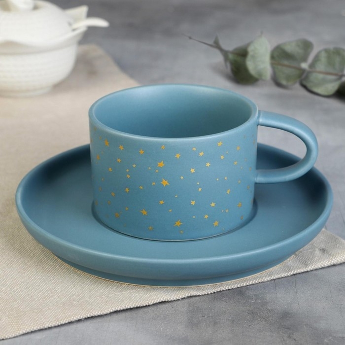 Чайная пара керамическая с матовым покрытием «Люблю тебя», 200 мл, цвет синий