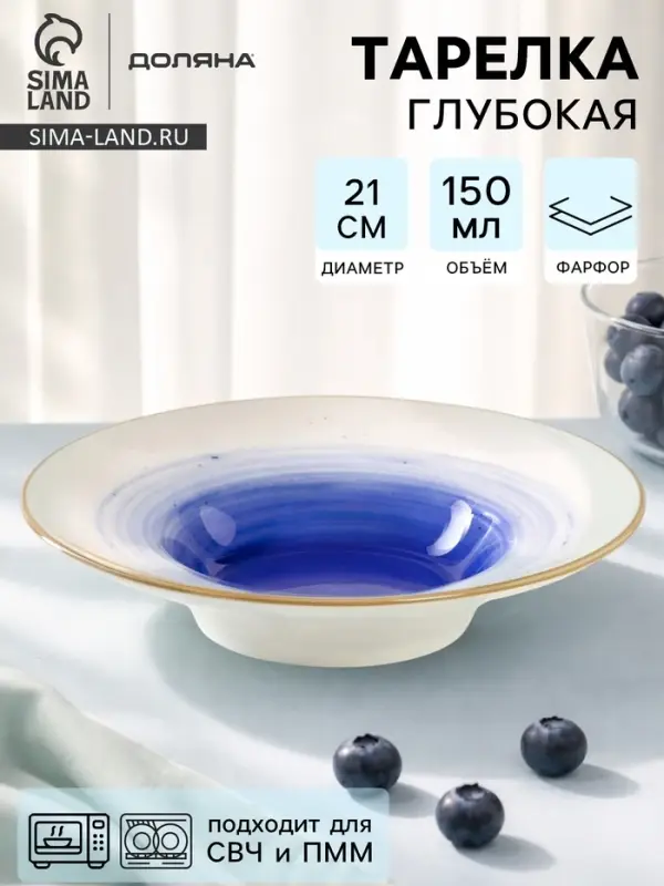 Тарелка для пасты Доляна &laquo;Космос&raquo;, 150 мл, d=21 см, фарфор, белая, синяя
