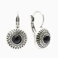 Серьги под натуральный камень &laquo;Этника&raquo;, круг в узорах, чёрные в чернёном серебре