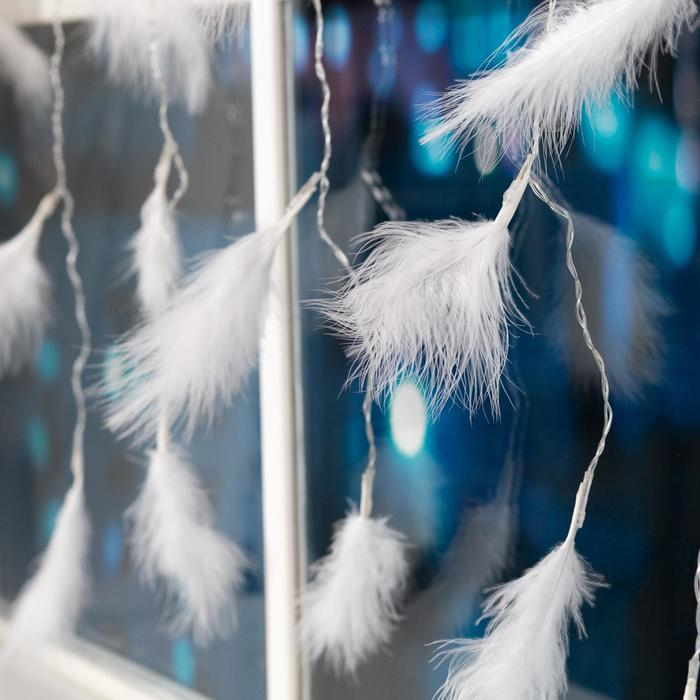 Гирлянда «Занавес» 3 × 1.4 м с насадками «Перья», IP20, прозрачная нить, 80 LED, свечение тёплое белое, 8 режимов, 220 В