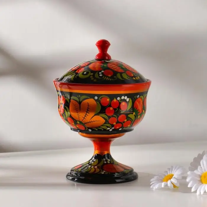 Конфетница, с крышкой, большая, хохлома Конфетница, с крышкой, большая, хохлома