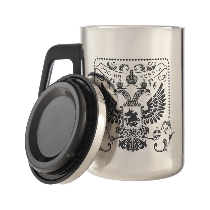 Термокружка, 500 мл, Сталь Термокружка, 500 мл, Сталь "Герб России", сохраняет тепло 2 ч, 13.5 х 8.3 см