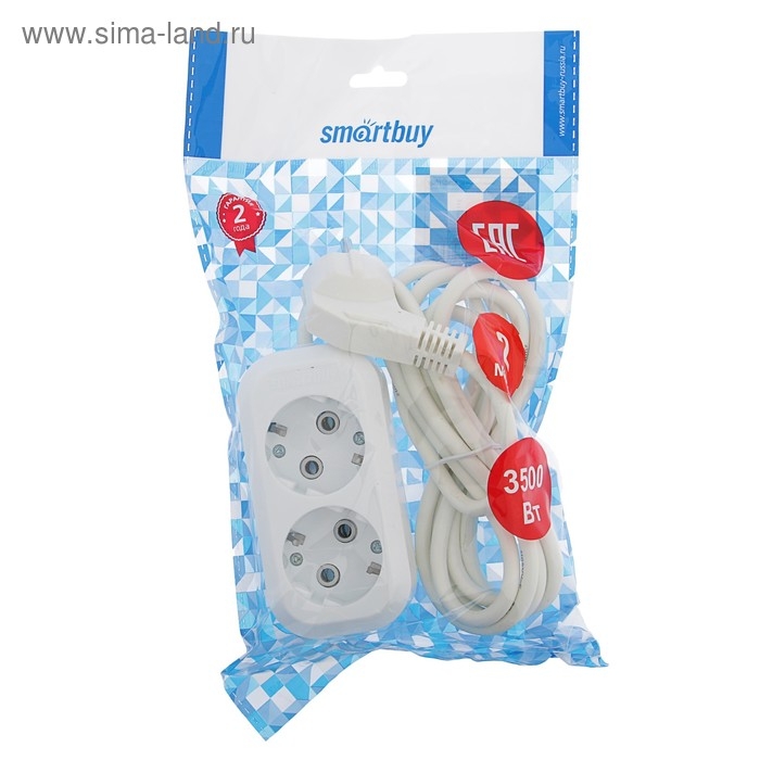 Удлинитель Smartbuy, 2 розетки, 2 м, 16 А, 3500 Вт, ПВС 3х1 мм2, с з/к, белый Удлинитель Smartbuy, 2 розетки, 2 м, 16 А, 3500 Вт, ПВС 3х1 мм2, с з/к, белый