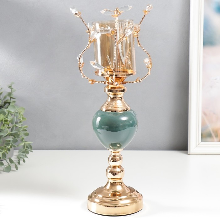 Подсвечник металл на 1 свечу Подсвечник металл на 1 свечу "Веточки с кристаллами. Сине-зелёный шар" золото 38х17х17 см