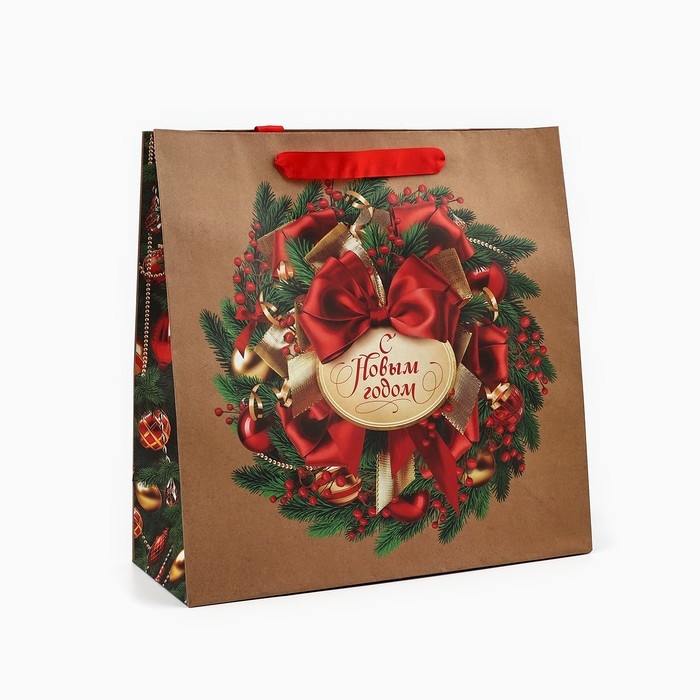 Пакет подарочный новогодний крафтовый квадратный «Новогодний венок», 30 х 30 х 12 см , Новый год Пакет подарочный новогодний крафтовый квадратный «Новогодний венок», 30 х 30 х 12 см , Новый год