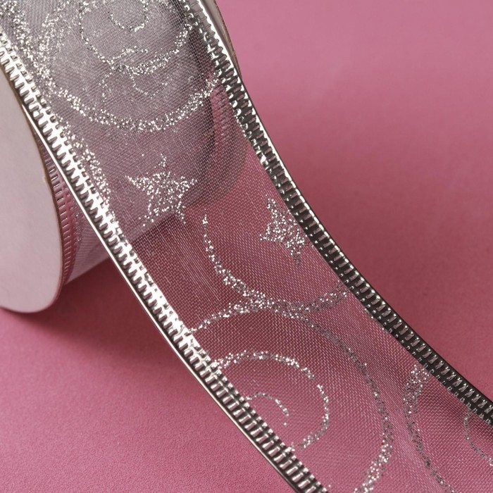 Новый год! Лента капроновая с металлической нитью «Вензеля», 38 мм × 2,7 ± 0,5 м, цвет серебряный Новый год! Лента капроновая с металлической нитью «Вензеля», 38 мм × 2,7 ± 0,5 м, цвет серебряный