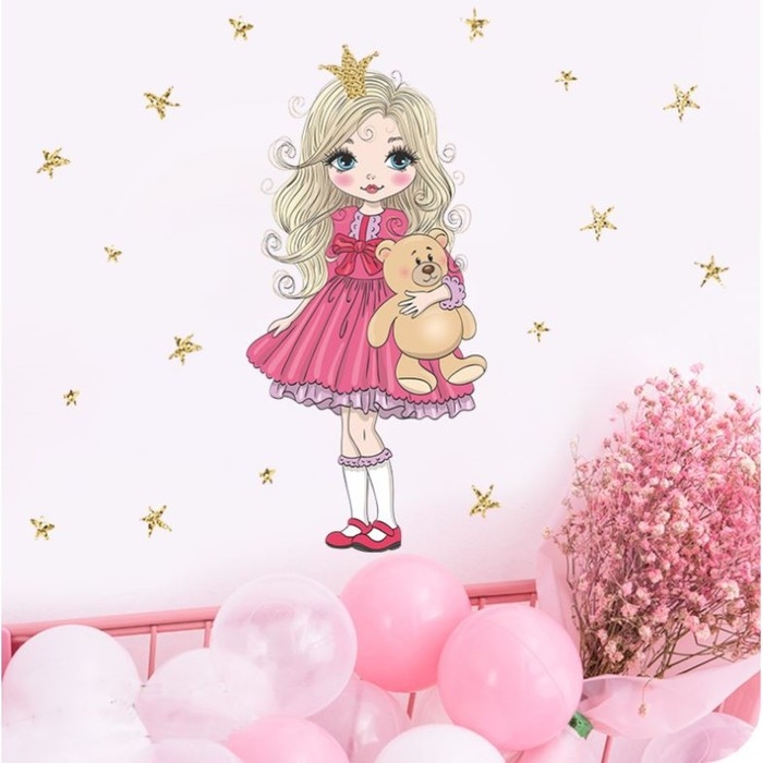 Наклейка пластик интерьерная цветная Наклейка пластик интерьерная цветная "Малышка в короне с медвежонком" 30х90 см