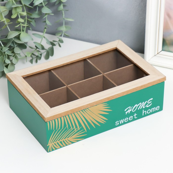 Шкатулка дерево с делениями  Шкатулка дерево с делениями "Пальмовые листья" зелёная с золотом 7х16,5х24 см