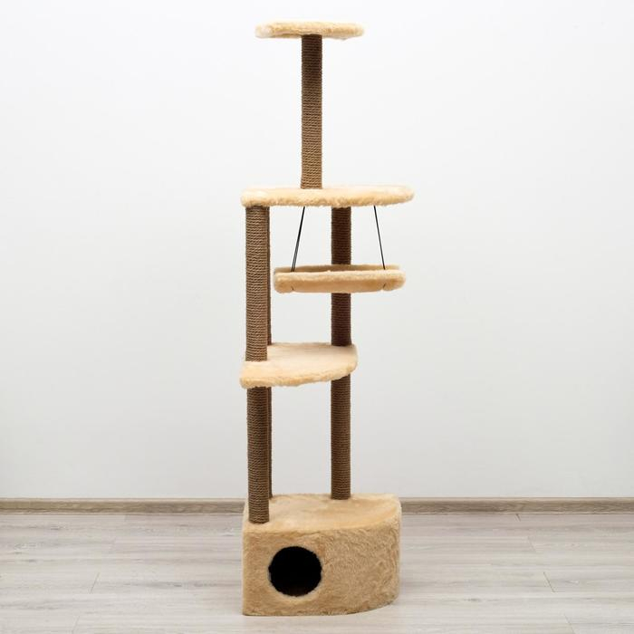 Комплекс для кошек с когтеточкой, угловой, с гамаком, 48 х 48 х 171 см, джут, искусственный мех, беж