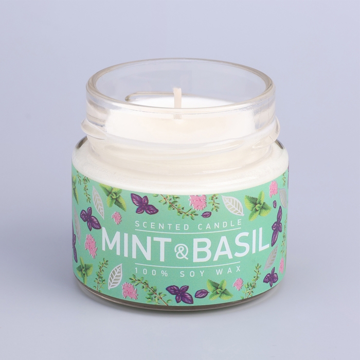 Свеча ароматическая в банке  Свеча ароматическая в банке "Базилик и мята ", совый воск, 80 г