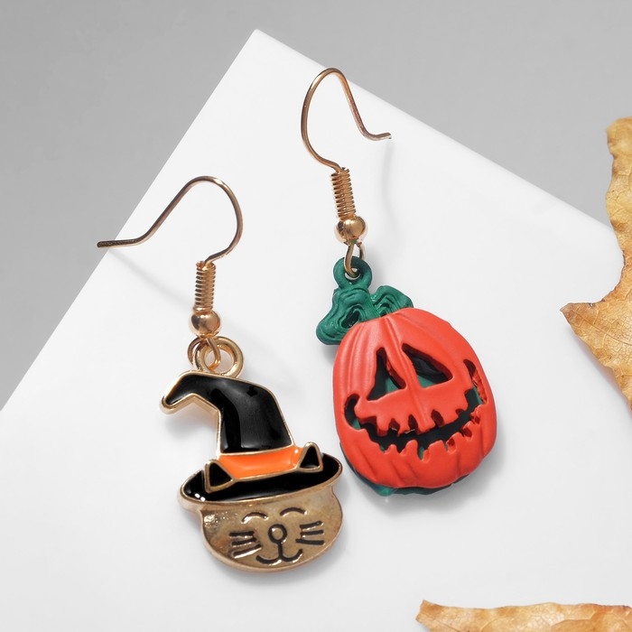 Серьги эмаль «Тыква» и котик в шляпе, цветные в золоте Серьги эмаль «Тыква» и котик в шляпе, цветные в золоте