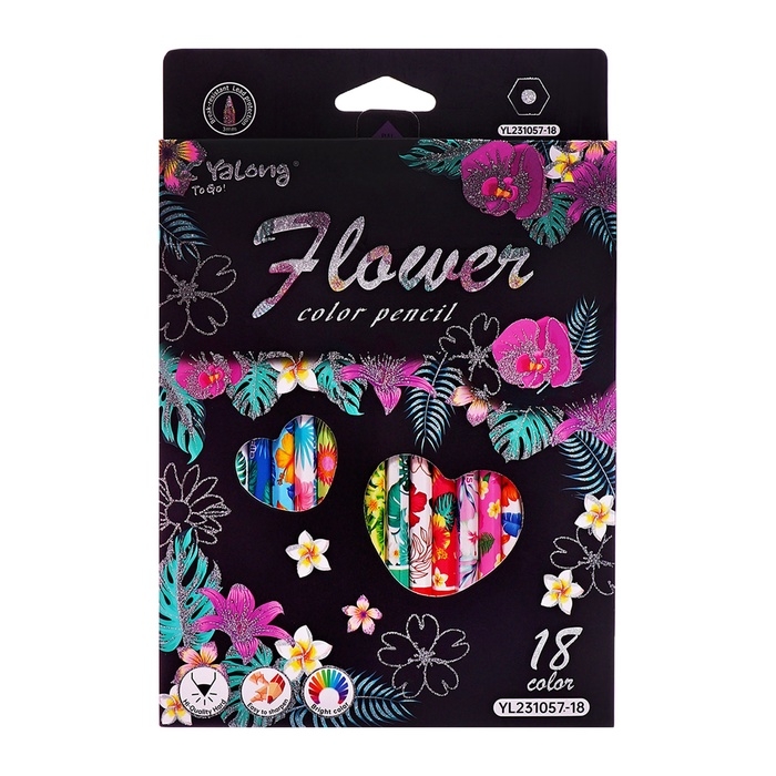 Карандаши 18 цветов в картонной коробке, шестигранные, деревянные,Цветы на чёрном МИКС Карандаши 18 цветов в картонной коробке, шестигранные, деревянные,Цветы на чёрном МИКС