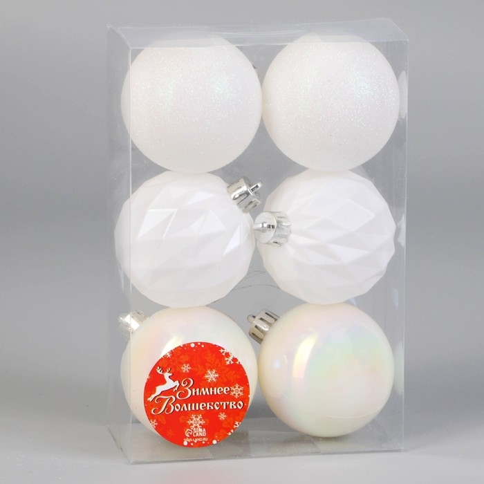 Ёлочные игрушки, шары новогодние , пластик, набор d-6 см, 6 шт Ёлочные игрушки, шары новогодние , пластик, набор d-6 см, 6 шт "Перл" грани, белый