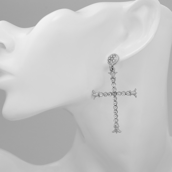 Серьги висячие со стразами «Крестики» грация, цвет белый в серебре, 6см Серьги висячие со стразами «Крестики» грация, цвет белый в серебре, 6см
