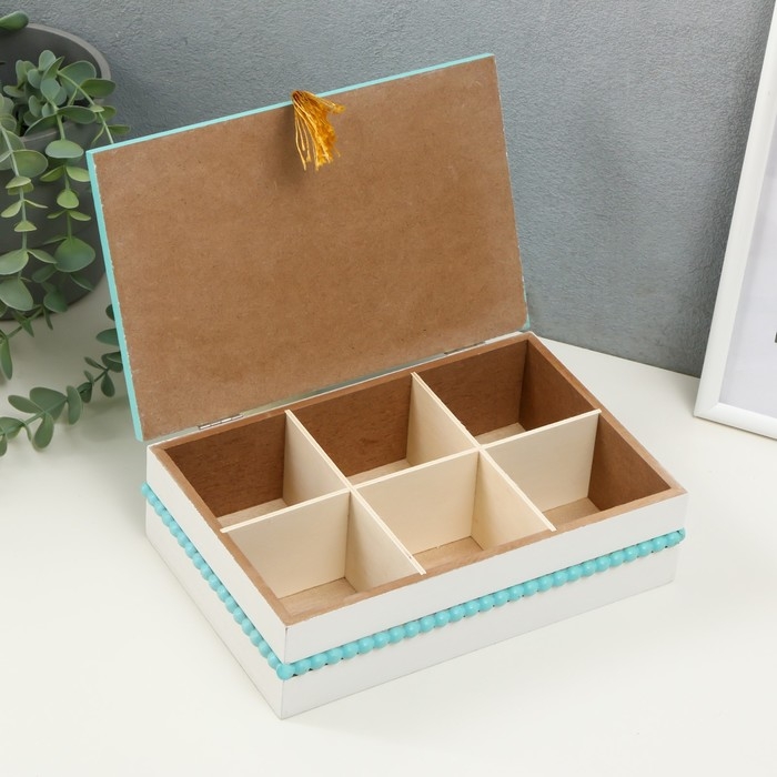 Шкатулка дерево с делениями  Шкатулка дерево с делениями "Плетение" голубой 22,8х15,5х6,8 см