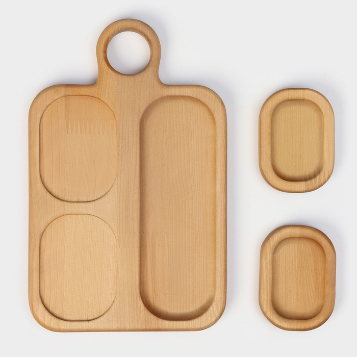 Подарочный набор деревянной посуды Adelica, доска сервировочная 3 секции, 2 менажницы съёмные, масло в подарок 100 мл, берёза