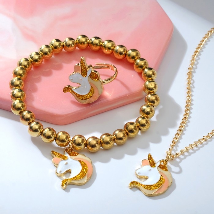 Набор детский 3 предмета: кулон, браслет, кольцо «Выбражулька» единороги, цветной в золоте Набор детский 3 предмета: кулон, браслет, кольцо «Выбражулька» единороги, цветной в золоте