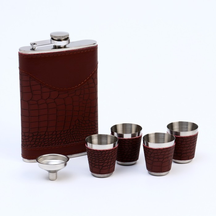 Подарочный набор 6 в 1: фляжка 270 мл, воронка, 4 рюмки, коричневый, 17 х 21 см Подарочный набор 6 в 1: фляжка 270 мл, воронка, 4 рюмки, коричневый, 17 х 21 см