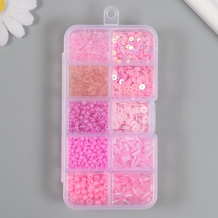 Бисер стекло 6/0, 12/0 в шкатулке  Бисер стекло 6/0, 12/0 в шкатулке "Розовый" стеклярус и пайетки 12,5х6,5х2 см