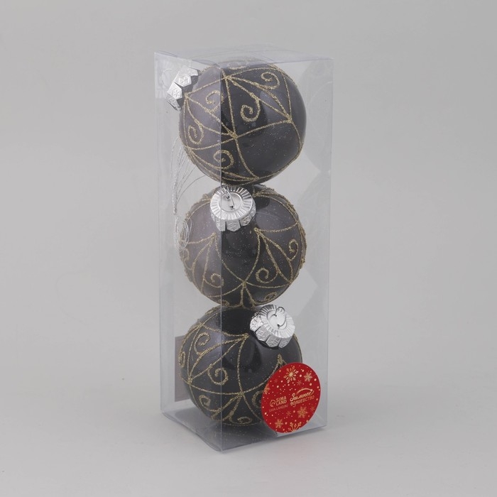 Набор шаров пластик d-8 см, 3 шт Набор шаров пластик d-8 см, 3 шт "Сказочные узоры"завитки, золотисто-чёрный